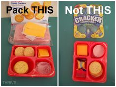 there are two pictures of the same lunch box with cheese and crackers in it