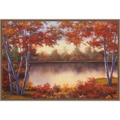 a painting of trees and water in the fall