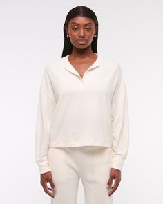 Slim-fitting long-sleeve henley top in our soft cozy lounge fabric and oversized-fit silhouette, featuring a button-up neckline and all-over textured detail. Cozy Lounge, Women's Sleepwear, Henley Top, Women's Tops, Oversized Fits, Abercrombie Fitch, Women Long Sleeve, Long Sleeve Shirts, Button Up