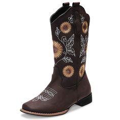 PRICES MAY VARY. 1.Cowgirl Aura: Women cowboy boots features all-over sunflower embroidery on shaft and foot and a retro western fashion style. The hand-stitched sunflowers show off genuine western style. 2.High-Quality: To maintain the exquisite western cowgirl boots, we use high-grade faux leather and breathable lining with elegant stitch pattern that look great with jeans, shorts, dresses, and just about everything you can think of. 3.Comfortable & SOFT: The classic cowgirl boots feature a lo Retro Western Fashion, Tall Cowgirl Boots, Cowgirl Boots Square Toe, Stagecoach Festival, Classic Cowgirl, Sunflower Embroidery, Outdoor Music, Boots Cowgirl, Boots Square Toe