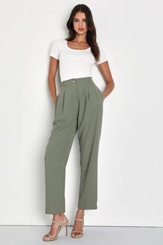 Sage Green Pants - High-Rise Trouser Pants - Straight Leg Pants - Lulus Office Picnic Outfit, Business Fits, Wardrobe Aesthetic, Business Wardrobe, Classroom Style, Business Casual Summer, Work Fits, Wardrobe Room, Work Flow