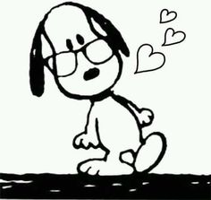 a black and white drawing of a dog with glasses on it's head, looking at a heart shaped object in the air