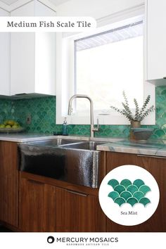 an image of a kitchen with green tile on the backsplash and stainless steel sink