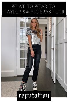 a woman standing on top of a black and white floor next to a doorway with the words, what to wear to taylor swift's eras tour