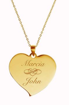 "Our personalized gold heart necklace is a great gift for that can be custom engraved on both sides of the heart pendant for that special someone. Great for Bridesmaids, Flower Girls, Best Friends, or the Love of your life. Engrave the heart with names, dates or a message of love. This high polished stainless steel pendant will never tarnish or fade or change color. Gold Teardrop Heart Necklace Dimensions: 1\" x 3/4\" Material Stainless Steel A chain is included with the heart pendant How To Sen Customized Gold Heart Necklace For Mother's Day, Gold Nameplate Heart Necklace For Gift, Customizable Gold Heart Necklace For Gift, Customized Gold Charm Necklace With Heart Pendant, Personalized Name Pendant Necklace For Valentine's Day, Customized Gold Heart Necklace For Gift, Personalized Name Necklace For Valentine's Day, Customized Gold Heart Charm Necklace, Elegant Customizable Heart Necklace For Personalized Gift