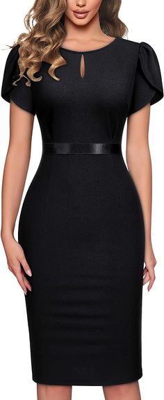 AISIZE Women's Elegant Puff Sleeves Keyhole Neck Cocktail Party Pencil Dress Black at Amazon Women’s Clothing store Graduation Outfit Ideas High School, Vintage Pencil Dress, Wedding Casual, Vintage Pencil, Black Pencil Dress, Spring Wedding Dress, Wear To Work Dress, Floral Cocktail Dress