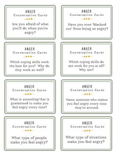 Anger Conversation Cards Eco Therapy, Therapeutic Worksheets, Kids Therapy, Counseling Tips, Therapy Interventions, Counseling Techniques, Counseling Worksheets, Social Emotional Activities, Mental Health Activities