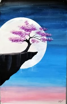 a painting of a tree on top of a cliff with the moon in the background