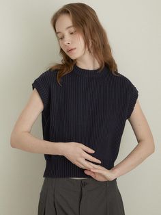 Soft and stretchy, this relaxed fit vest features basic round neckline and sleeveless design. Ribbed texture adds to the casual, sophisticated feel. - Structured cotton knit fabric- Natural, standard silhouette- Voluminous ribbed texture throughout- Versatile styling and easy layering Sleeveless Knit, Ribbed Texture, Knit Vest, Cotton Knit, Dark Navy, Round Neckline, Knit Fabric, Knitted Fabric, Layering