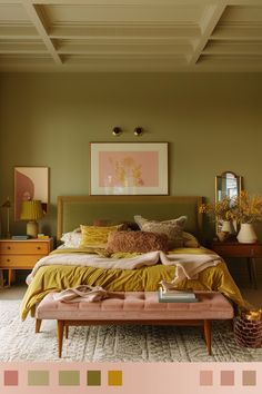 a bedroom with green walls, yellow bedding and white carpeted area rugs