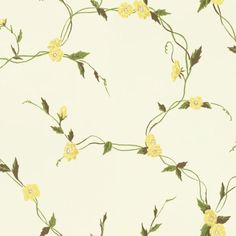 yellow flowers on a white wallpaper with green leaves and stems in the center, against a pale background