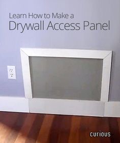 a white frame sitting on top of a hard wood floor next to a wall with the words learn how to make a drywall access panel