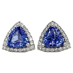 These stunning trillion AAA quality Tanzanite stud earrings are surrounded by shimmering diamonds. There is a double push lock for extra security. These earrings come in a beautiful box ready for the perfect gift! 14KW: 2.30 gms Tanz size: 8 mm, trillion Tanz wt: 2.91 cts Diam wt: 0.36 cts Diam stones: 42 round Free shipping within the US! Ships within 1-2 business days Retail value: $3,650 Gia Certified Trillion Cut Jewelry For Formal Occasions, Trillion Cut Formal Earrings, Formal Jewelry With Trillion Cut Diamond Accents, Formal Jewelry With Diamond Accents In Trillion Cut, Formal Trillion Cut Jewelry With Diamond Accents, Trillion Cut Fine Jewelry Earrings For Gift, Trillion Cut Fine Jewelry Earrings For Anniversary, Tanzanite Studs, Tanzanite Diamond