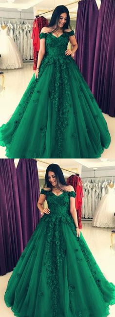 elegant lace flowers off the shoulder quinceanera dresses ball gown Green Ball Gown Prom, Prom Dress Dark Green, Dark Green Ball Gown, Green Gowns, Boho Prom Dress, Green Ball Gown, Green Quince, Boho Prom, Ball Gown Prom Dresses