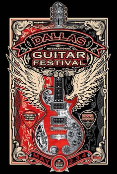 a poster for the guitar festival with wings and guitars on it's back ground