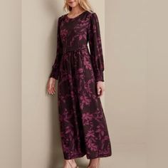 New With Tags Purple Printed Fall Dress, Purple Printed Dress For Fall, Purple Floral Print Long Sleeve Midi Dress, Purple Long Sleeve Floral Print Midi Dress, Purple Long Sleeve Midi Dress With Floral Print, Soft Surroundings Dresses, Button Front Shirt Dress, Long Sleeve Blouse Pattern, Vintage Beaded Dress