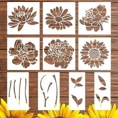 sunflower stencils are shown on a wooden surface with flowers in the foreground