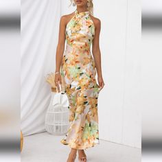 Happier Now Satin Floral Maxi Dress. Size Xl, Fits Like A Large. Super Cute Halter Neck With Tie Back. Yellow Halter Neck Dresses For Spring, Yellow Halter Neck Maxi Dress For Spring, Yellow Halter Neck Maxi Dress For Summer, Yellow Halter Neck Midi Dress For Beach, Yellow Fitted Halter Neck Maxi Dress, Yellow Floral Print Midi Dress For Garden Party, Yellow Halter Neck Midi Dress For Summer, Chic Yellow Halter Neck Maxi Dress, Casual Yellow Halter Neck Maxi Dress