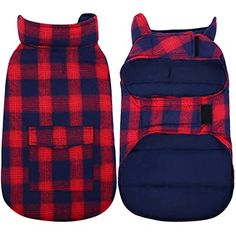 two pieces of dog clothes, one in red and the other in navy blue plaid