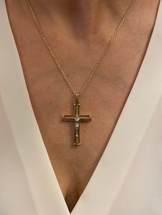 "ABOUT PRODUCT This 14K Solid Gold Cross necklace is beautifully designed and hand crafted with our associates to make this a special gift for your loved ones. Knowing the value of our customers, We prepare each piece with extra care and attention.  ITEM DETAILS Material: 14K Gold Approx:  10 grams with the chain. Only pendant is 8 grams. Available colors: Gold, Rose Gold, White Gold Available Sizes: 14\" to 20\" ✪ 14k Solid Gold ( Certification will be included with your order ) ✪Available 14K Spiritual Crucifix Jewelry For Wedding, Engraved Crucifix Necklace For Anniversary, Spiritual Hallmarked Crucifix Necklace, White Gold Crucifix Jewelry For Anniversary, White Gold Crucifix For Anniversary, Elegant Engraved Crucifix Necklace, Hallmarked Spiritual Crucifix Jewelry, Spiritual Hallmarked Crucifix Jewelry, Formal Spiritual Crucifix Jewelry