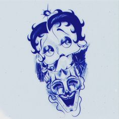 a blue and white drawing of two faces