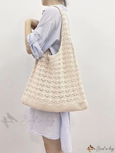 Bird in Bag - Solid Color Knit Tote with Stylish Hollow Out Design Casual Knitted Shoulder Bag For Spring, Casual Knitted Shoulder Bag For Daily Use, Casual White Knitted Shoulder Bag, Cream Crochet Bag For Spring, Cream Knitted Summer Bag, Cream Knitted Bag For Summer, Casual Cream Crochet Bag For Spring, Spring Beach Crochet Bag, Knit Beach Bags