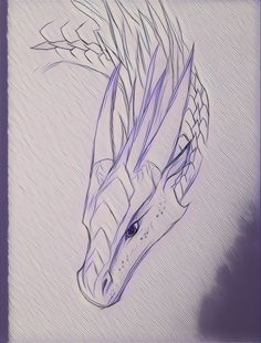 a drawing of a dragon's head in purple and white