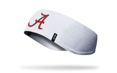 white ear warmer with University of Alabama A logo in crimson red Casual Sports Headband, One Size Fits Most, Casual Sports Headband One Size Fits Most, Adjustable White Headband With Sweatband, White Sports Headband With Sweatband, Adjustable Casual Sports Headband, White Sweatband Headband, Casual White Adjustable Headwrap, Adjustable Cotton Sweatband Headband For Sports, Adjustable Cotton Sweatband Sports Headband