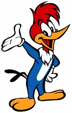 an image of a cartoon bird with red hair and blue pants, giving the thumbs up