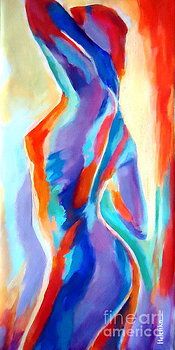 an abstract painting of a woman's body in blue, orange and red colors