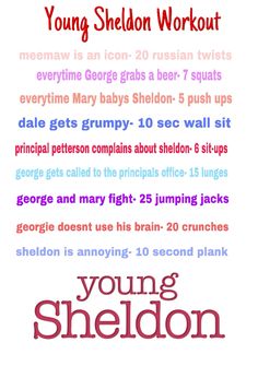 the young shelbon workout poster is shown in red and blue, with an image of