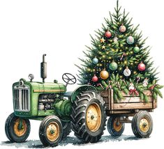 a christmas tree is in the back of a tractor