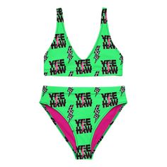 Yeehaw Bikini Pack a punch with our Yeehaw Bikini! Sizzling with neon colors, this stylish swimsuit is guaranteed to create a stir at the beach or pool. Featuring trendy yeehaw prints, you'll be the talk of the town in no time! Ready, set, yeehaw! Custom made swim suit line by BAHA RANCH WESTERN WEAR! you won't find these ANYWHERE ELSE! If you do, they copied my design! High-Waisted Bikini is destined to become the only swimsuit you want to reach for in your drawer! Comfortable and flattering on Talk Of The Town, Timor Leste, The Talk, Plus Size Shopping, Neon Colors, Caicos Islands, Swim Suit, Turks And Caicos Islands, Western Wear