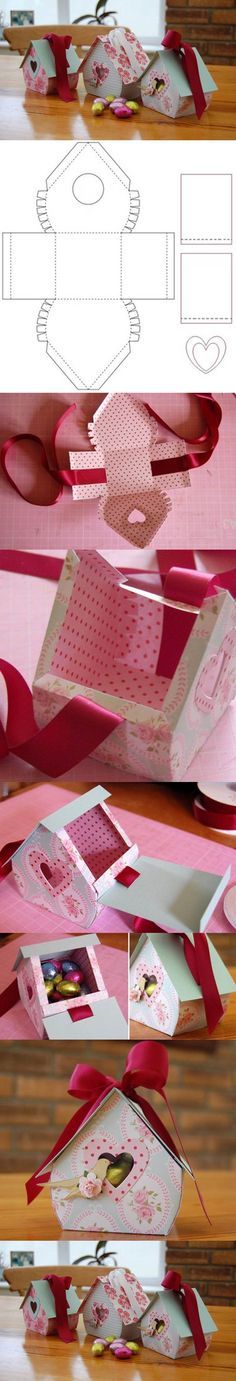 three different views of the inside of an open box with pink and white designs on it