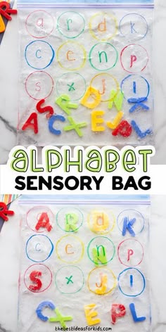 an alphabet activity bag with letters and numbers on it