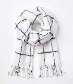 In smart plaid and uptown-chic boucle, this scarf is an instant outfit transformer in both pattern and feel.,Imported:Imported,Fabrication:100% Polyester,Garment Care:Machine Washable Loft Plaid Boucle Scarf Whisper White Women's by Loft Size Regular - One Size Whisper White Women's Scarves, Fashion, Accessories, 100%, Polyester, Machine, Washable Christmas Sledding, Chunky Fringe, Blanket Fringe, Classic Scarf, Plaid Blanket, Whisper White, Plaid Fashion, Warm Blankets, Cold Weather Accessories