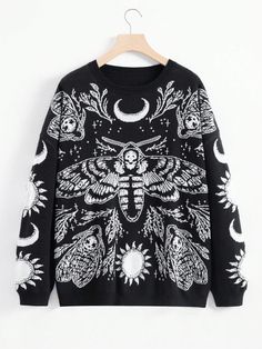 Black Casual Collar Long Sleeve Knitwear Animal,Halloween Pullovers Embellished High Stretch  Women Clothing Goth Plus Size, Plus Size Pullover, Long Sleeve Pullover Sweater, Drop Shoulder Sweaters, Plus Size Sweaters, Type 4, Inspiration Mode, Dream Clothes, Sleeves Pattern