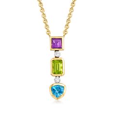 Ross-Simons - 2.60ct t. w. Multi-Gemstone Y-Necklace, Diamond Accents. 18". There's energetic and there's exuberant, and then there's this Y-necklace. Features a .60 carat square amethyst, 1.00 carat emerald-cut peridot and 1.00 carat triangular Swiss blue topaz suspending in a linear drop, with sparkling diamond accents bezel-set in 14kt white gold in between. Crafted in 14kt yellow gold. Suspends from a cable chain. Lobster clasp, multi-gemstone Y-necklace. Peridot birthstones are the perfect Pendent Necklace Gold, Peridot Birthstone, Necklace Diamond, Sparkling Diamond, Pendent Necklace, Swiss Blue Topaz, Sparkle Diamonds, Emerald Cut, Cable Chain