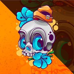 a skull with a hat on it's head and flowers in its hair, sitting next to an orange background