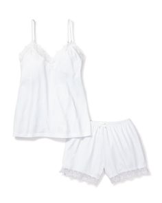 Women's Pima Cami Short Set with Lace in White White Cotton Loungewear Sets, Feminine Cotton Sleepwear Set, Spring Cotton Matching Short Set, Cotton Matching Set Pajama Shorts For Loungewear, Feminine Cotton Loungewear Sets, Cotton Short Set For Loungewear, Cotton Sleep Sets With Lace Trim, Spring Cotton Sets With Lace Trim, Feminine White Pajama Shorts For Loungewear