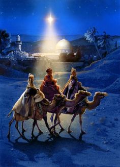 the three wise men are riding their camels through the desert at night, in front of an illuminated star