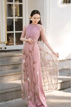 Arya Fitted Middle Sleeved Organza Long Length Ao Dai | MEAN BLVD Overall Costume, Organza Material, Happy Clothes, Mean Blvd, Silk Trousers, Wedding Wear, Straight Pants, Designer Collection, S Models