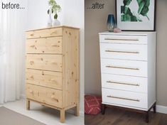 two pictures side by side one has a dresser and the other has a painting on it