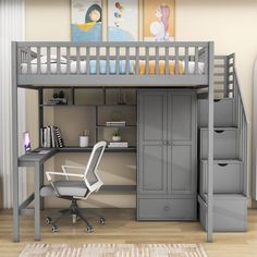 a loft bed with desk underneath it and stairs to the upper level, next to a white chair