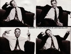 four pictures of a man sitting in a chair with his hand on his head and pointing to the side