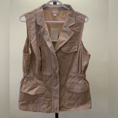 New Canyon River Blues Khaki Vest Size Xl Color Tan ( Khaki) Zip Closure Vest Has Front Zipper Pocket And (2) Pockets Cinches At Waist Beige Utility Outerwear For Summer, Summer Beige Utility Outerwear, Beige Utility Tops With Pockets, Dark Green Jacket, Blue Jean Vest, Canvas Vest, Womens Denim Vest, Khaki Vest, Canyon River