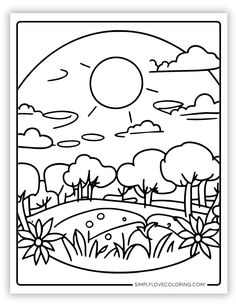 a coloring page with the sun in the sky above trees and grass, as well as flowers