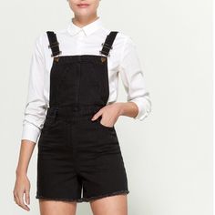 Let This Super Maje Black Denim Raw Hem Cutoff Shorts Overalls Be Your Playsuit. Pair With A Tee And Tennis Shoes. Square Neck Bib Bib Utility Pockets Side Hip Pocket Straps At Back Back Patch Pockets Extra Button Included Fitted Frayed Hem Side Zip Closure 92% Cotton 6% Polyester 2% Elastane Body, 81% Polyester 19% Cotton Pocket Lining Machine Washable Imported Fr36 = Us 2/4 Fits Tts For Most Lowest Price Listed Sorry Offers Ignored Final Sale Black High Waist Casual Denim Jumpsuit, Black High-waisted Denim Overalls, Black High-waist Denim Jumpsuit Casual, Casual Black High-waist Denim Jumpsuit, Black High Waist Denim Jumpsuit For Summer, Chic Black Denim Jumpsuit, Black Cotton Overalls Jeans, Black High Rise Denim Jumpsuit For Spring, High Waist Black Denim Jumpsuits And Rompers