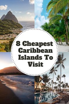 the beach with palm trees and chairs in front of it that says 8 cheapest caribbean islands to visit