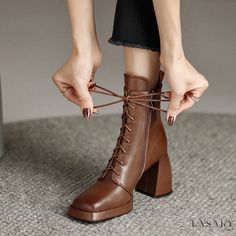 Lasaky - Classic Square-Toe Leather Chunky Heel Short Boots with Lace-Up Detail Rough Heels, Platform Chelsea Boots, Pu Boots, Winter Model, Ankle Shoes, Square Toe Heels, Pu Heels, Brown Heels, High Heel Boots Ankle